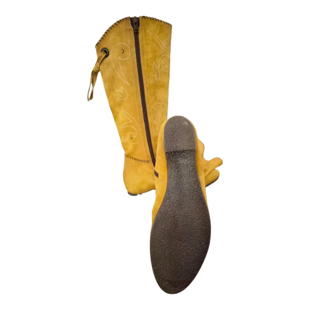 Progetto Women’s Leather Suede Knee High Boots Mustard Yellow Embroidered Wester